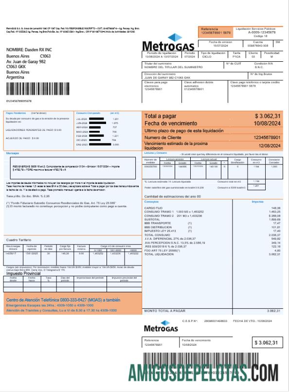 em branco Argentina Metrogas Modelo de fatura de serviços públicos fácil de preencher em formato Word e PDF